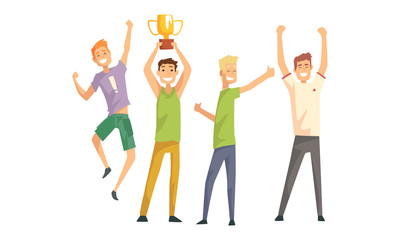 Cheerful Successful Men Characters Set, Smiling Guys in Casual Clothes Celebrating Victory Vector Illustration