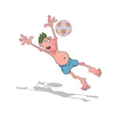 Cartoon goalkeeper catches a soccer ball. Vector illustration.