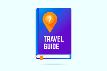Travel guide book icon with a map pin and question sign. Vector illustration for traveling help.