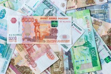 Russia rubles bank note / bill with top view or flat lay concept