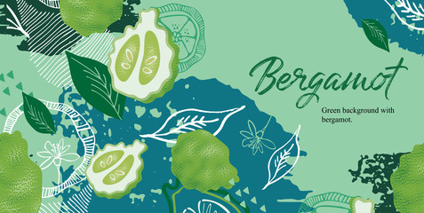 Green background with bergamot fruits and leaves. Tea with bergamot.