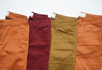 Orange, red and green jeans. Cute cozy pants.