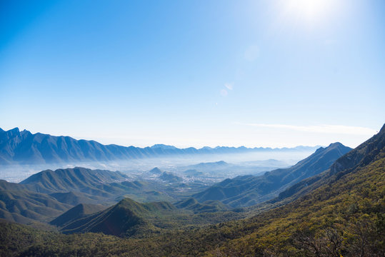 Monterrey Nuevo Le&oacute;n M&eacute;xico Aerial view of Chipinque Mountain range against cloudy sky. 