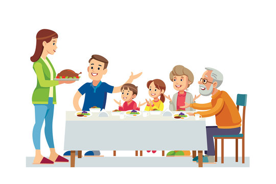 Happy big family eating dinner together vector illustration.