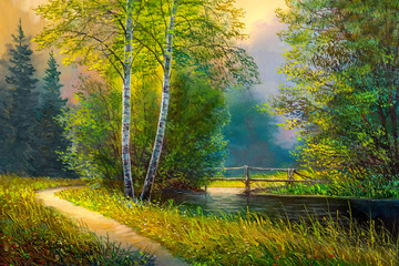 Oil painting landscape , summer on the river. - obrazy, fototapety, plakaty
