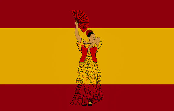 Spanish flag with Spanish girl  dances a flamenco with fan