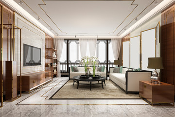 3d rendering luxury and modern living room with chinese style decor