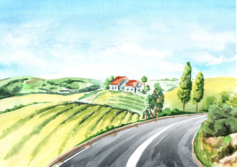 Road in the countryside, past fields and meadows