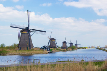 Naklejka premium rural landscape with windmills at famous tourist site Kinderdijk in Netherlands