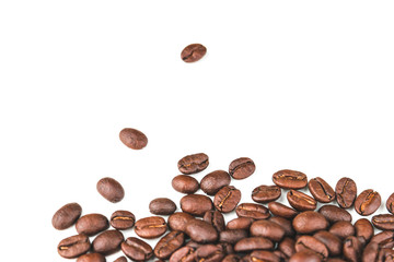 Dark coffee beans placed on a white scene.