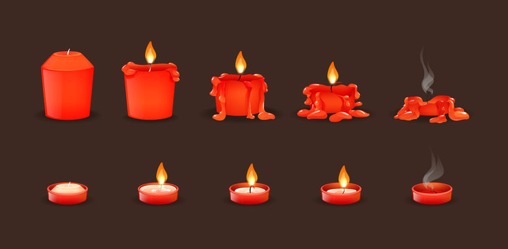 Burning candles flame set. Cartoon burning wax candles on the different stages of burning from a whole candle to a cinder vector illustration