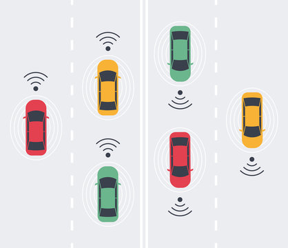 Driverless Smart Car, Autonomous Vehicle, Auto With Autopilot With Wireless Waves And Road Background. Top View. Vector Illustration In Flat Style