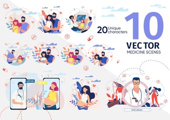 Healthy Pregnancy, Childbirth Preparation, Happy Maternity, Gynecologist Counseling Scene Trendy Flat Vector Illustrations Set. Pregnant Woman with Husband, Parents with Baby, Doctor Characters Icons