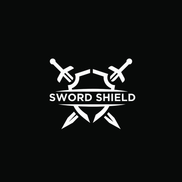 black two sword and shield logo icon design vector with dark background