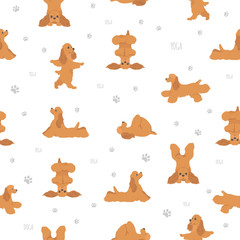 Fototapeta premium Yoga dogs poses and exercises seamless pattern design. American cocker spaniel clipart