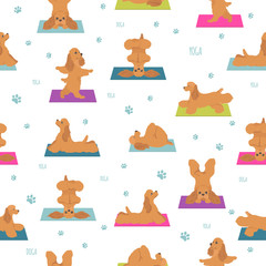 Yoga dogs poses and exercises seamless pattern design. American cocker spaniel clipart