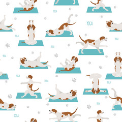 Yoga dogs poses and exercises seamless pattern design. English pointer clipart