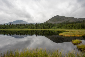 Mountain lake in the taiga. Mountains of the Subpolar Urals.