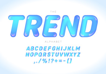 Modern trendy font design, alphabet, blue glossy letters and punctuation marks, vector illustration.
