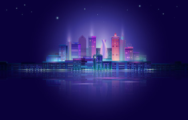 Plakat Night city panorama with neon glow. Vector illustration.