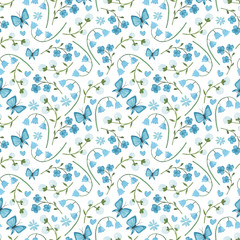 Seamless pattern of flowers in watercolor style on a white background. Floral composition. Bright flowers, leaves and branches. Great for greeting cards, invitations, banners, flyers and designs.