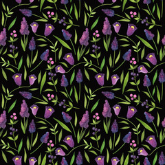 Seamless pattern of flowers in watercolor style on a black background. Floral composition. Bright flowers, leaves and branches. Great for greeting cards, invitations, banners, flyers and designs.