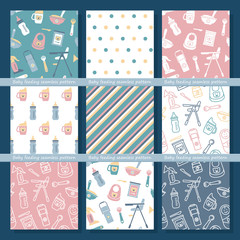 Fototapeta premium Set of seamless vector backgrounds on the theme of baby feeding