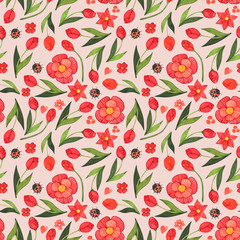 Seamless pattern of flowers in watercolor style on a peach background. Floral composition. Bright flowers, leaves and branches. Great for greeting cards, invitations, banners, flyers and designs.