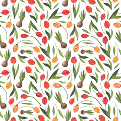 Seamless pattern of flowers in watercolor style on a white background. Floral composition. Bright flowers, leaves and branches. Great for greeting cards, invitations, banners, flyers and designs.