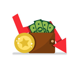 wallet with money and a gold coin and a red down arrow symbolizes a drop in income
