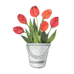 Bouquet of flowers in a vase in a watercolor style on a white background. Floral composition. Bright flowers, leaves and branches. Great for greeting cards, invitations, banners, flyers and designs