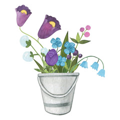 Bouquet of flowers in a vase in a watercolor style on a white background. Floral composition. Bright flowers, leaves and branches. Great for greeting cards, invitations, banners, flyers and designs