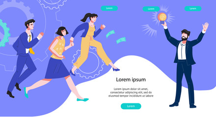 Investment in bright ideas and advanced technology banner template with business people rushing to invest in entrepreneur - developer or inventor. Invention and creativity. Flat vector illustration.