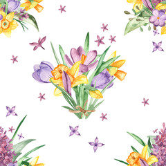 Watercolor seamless pattern with bouquets of crocus, daffodil, lilac