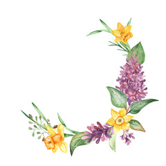 Watercolor wreath with flowers and leaves of daffodil and lilac
