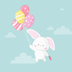 Easter egg hunt poster invitation template vector. Cute handdrawn bunny floating with easter egg balloons.