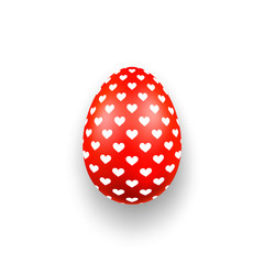 Easter egg 3D icon. Cute red egg, hearts, isolated white background. Bright realistic design, decoration Happy Easter celebration. Holiday element. Shiny pattern. Spring symbol. Vector illustration