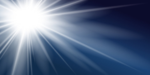 Ray blue background. Shiny graphic. Abstract sun burst. Sunbeam design. Sunny sparkle sky. Summer sunlight. Shine flash template. Explosion glare. Light sunrise. Optic effect. Vector illustration