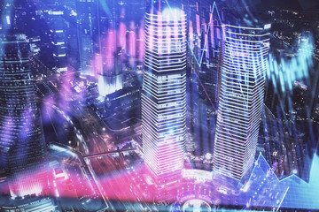 Financial chart on city scape with tall buildings background multi exposure. Analysis concept.