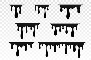 Drip paint set. Ink stain. Drop melt liquid isolated on white transparent background. Splash chocolate, oil, blood. Black splatter syrup, candy sauce, caramel. Color easy to edit. Vector illustration - 321993777