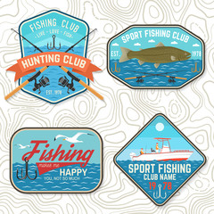 Fototapeta premium Set of fishing club patch. Live, love, fish. Vector. Concept for shirt or logo, print, stamp, tee, patch. Vintage typography design with fish rod, rainbow trout and hook silhouette.