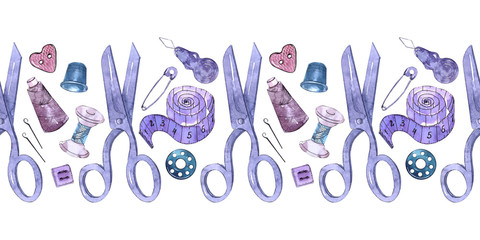 Watercolor border with sewing accessories and attributes. Parts and tools for tailors