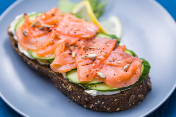 Sandwich with smoked salmon and cucumber. Concept for healthy nutrition.