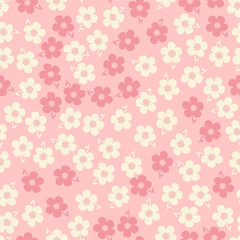 Kawaii daisy vector pattern, flower on pink background. Seamless ditsy floral print.