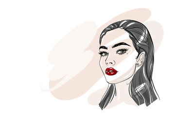 Hand-drawn young beautiful brunette girl with smokey eyes and red lipstick. Fashion illustration of a stylish look. Vector for design t-shirts typography cards and posters.