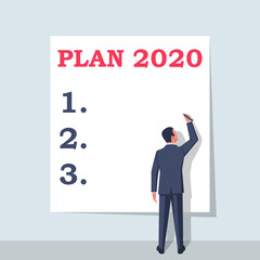 Plan 2020. To do list for next year. Vector illustration flat design. Isolated on white background. Businessman writes a motivational plan. Challenge for future.