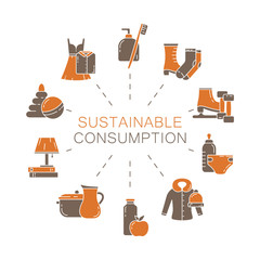 Sustainable consumption in everyday personal life. Color concept poster. Outline illustration. Flat isolated vector icons on white background. Motivating responsible emblem with clothes, home stuffs