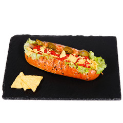 Hot dog on a black plate