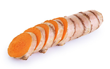 Sliced turmeric root isolated on white background.
