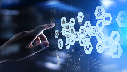 Mixed media, Business intelligence icons on virtual screen, analysis big data processing dashboard. technology concept.